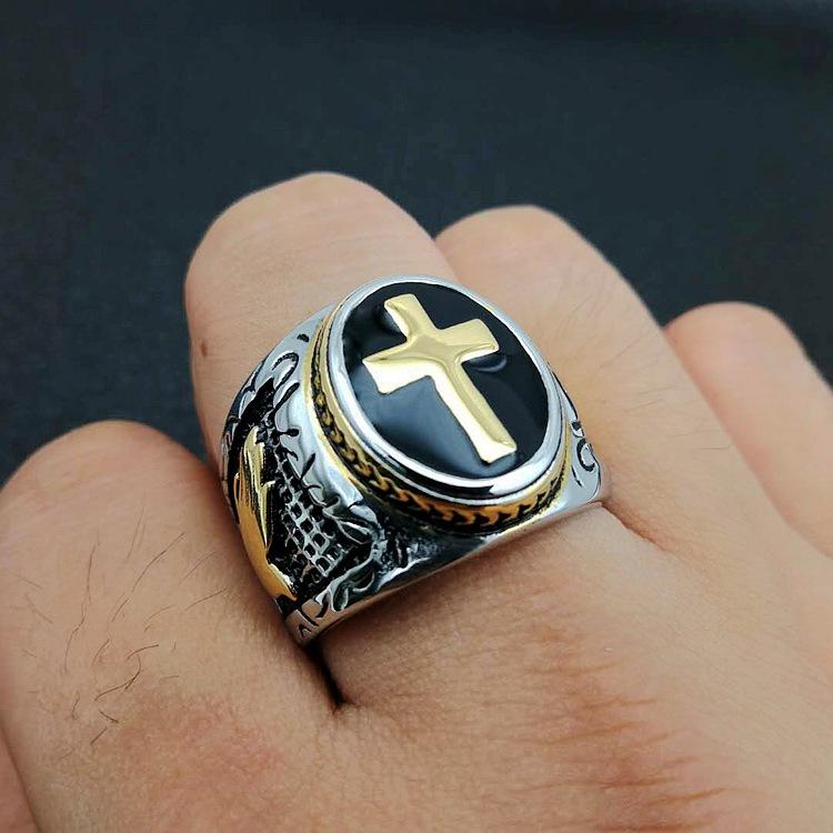 Hot Sale Men's Rose Gold Silver Color 316L Stainless Steel Christian Holy Cross Ring Hand of God