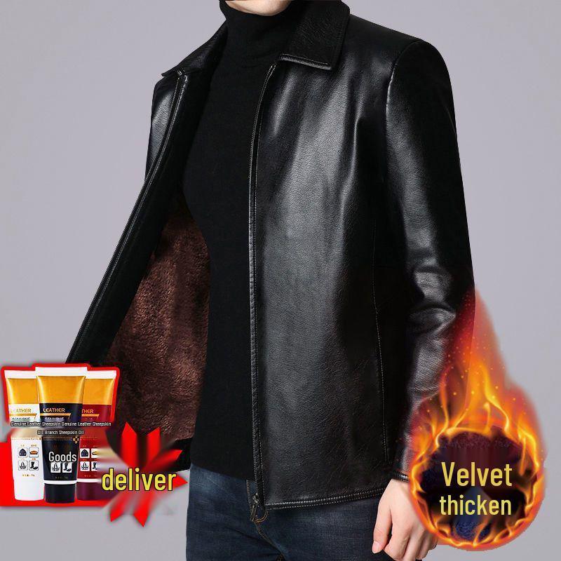 2024 Men's Fleece-Lined & Thin Style Winter Leather Jacket for Middle-Aged and Elderly
