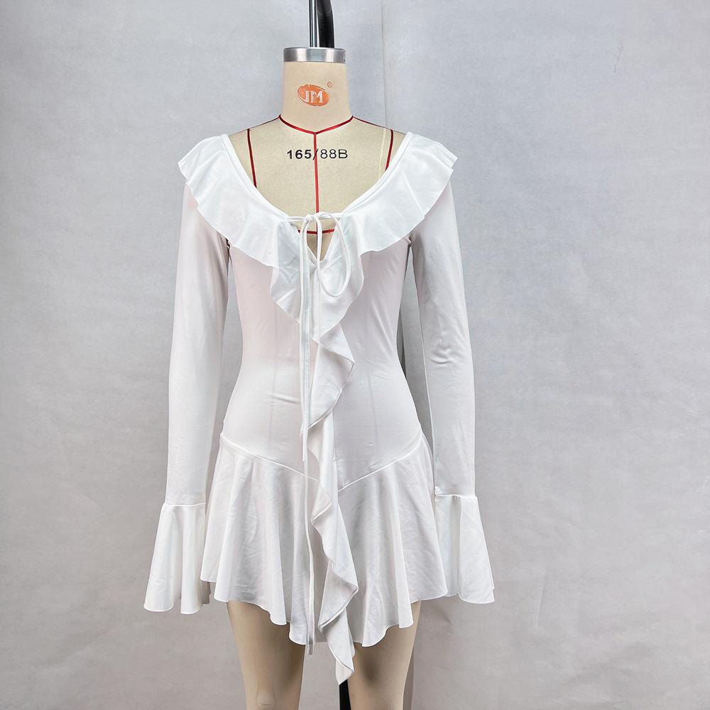 European & American Women's 2024 Ruffle Pointed Collar Bell Sleeve Tie-up Dress