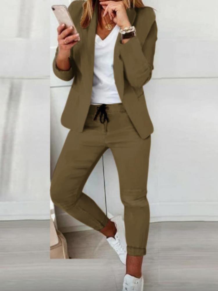 Women's Casual Khaki Suit Set Loose Fit Blazer and Pants with White V-Neck T-Shirt