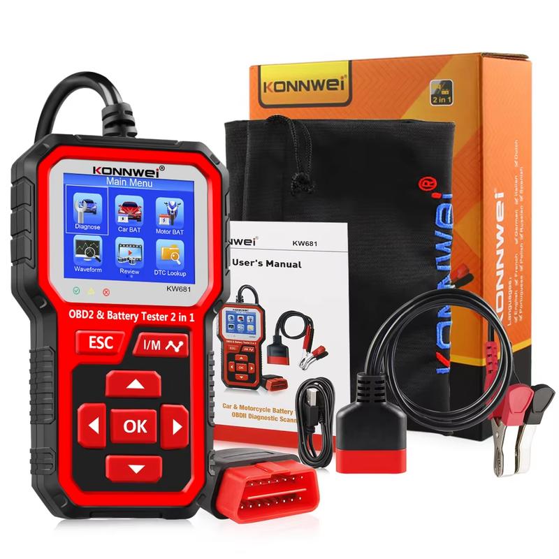 2025 KONNWEI KW681 Professional Car OBD2 Scanner Auto Diagnostic Tools 6V12V 2 In 1 Car Motorcycle OBD2 Battery Tester Tools