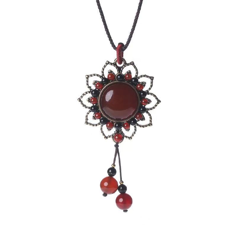 GEMCHIC Women's Vintage Ethnic Lotus Pendant Necklace Red Stone Beaded Choker Retro Collarbone Chain Jewelry
