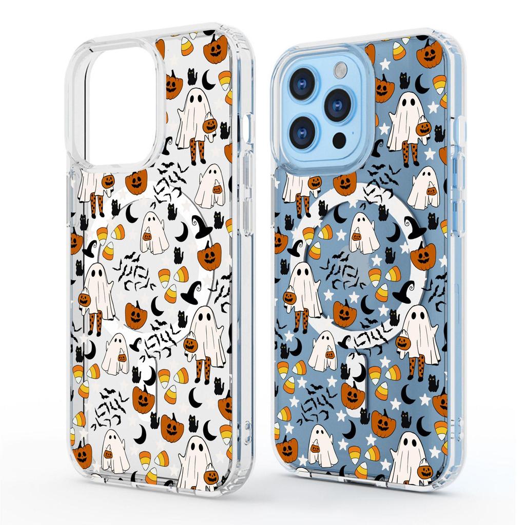 Orange Pumpkin Skull Magnetic Case for iPhone 15/16/17 Pro Max - Transparent Full Coverage