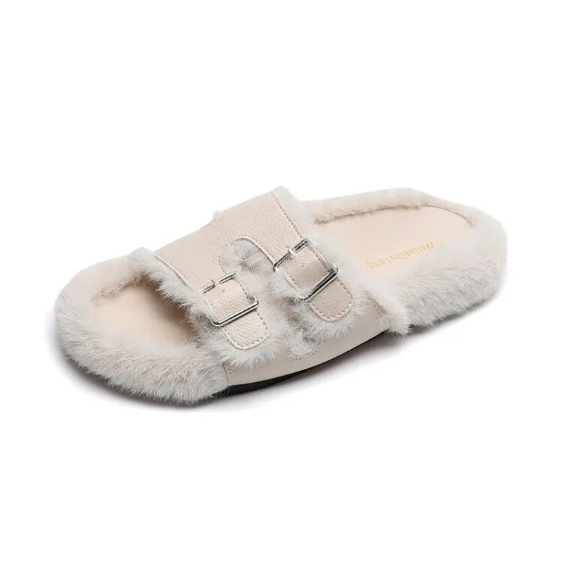 Fashion Autumn Winter Fashionable Thick Bottom Plush Warm Slippers Beige Khaki Fashionable Buckle Home or Outdoor Women's Slippers 35-43