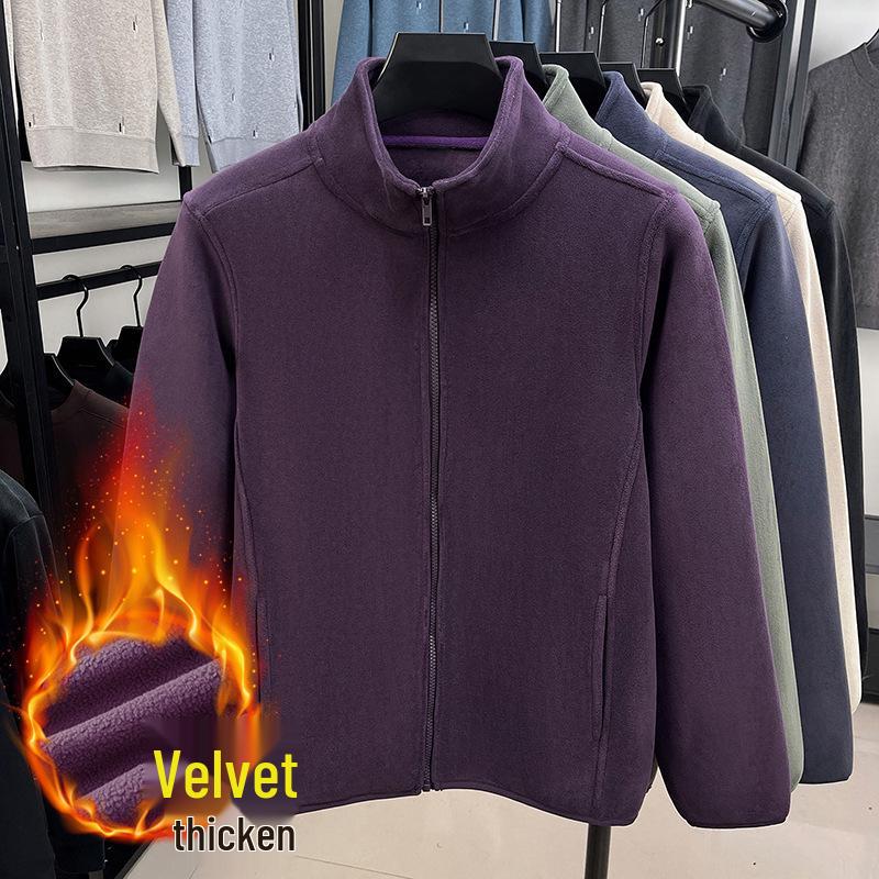 Men s Thick Plush Velvet Stand Collar Zipper Cardigan Jacket M