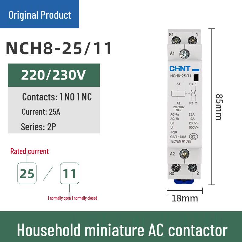 Chint Single-Phase AC Contactor NCH8-20/20, 20A, 240V, 2P, DIN Rail Mount