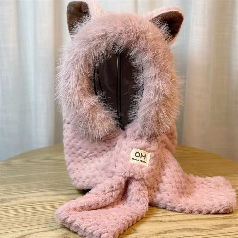 Women Winter Integrated Hat And Scarf Thick Fleece Warm Cartoon Fox Ear Decor Windproof
