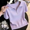 Women Zip V Lapel Knit Polo T-shirt Short Sleeve Slim Cropped Knitted T-shirt Solid Color Summer Office Ladies Top