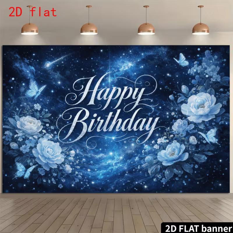 2D Dark Blue Galaxy Happy Birthday Backdrop with Flowers and Butterflies Party Banner