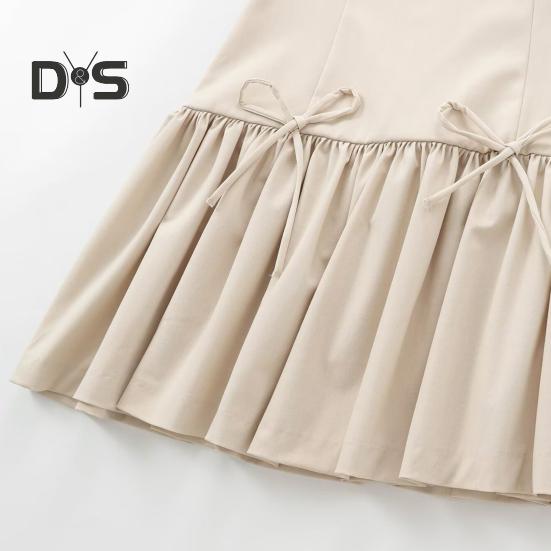Women Summer Dress Sleeveless Bow Decor Pleated A-line Solid Color Mini Dress Back Zipper Closure O Neck Vest Dress for Dating Party