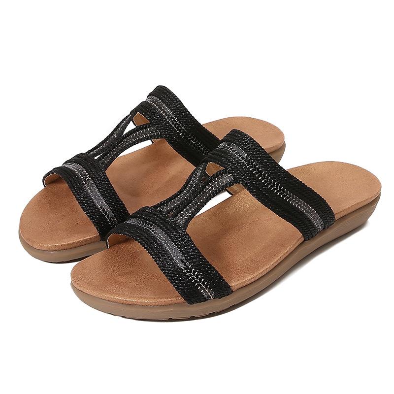 

IELTS Run Большие полые сандалии с плоской подошвой и стразами, удобные женские туфли Bohemian Wind Electric Embroidery Лето 42 чёрный