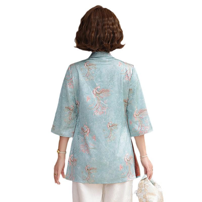 Elegant Imitation Silk Frog Button Top: New 2026 Chinese Style, Short-Sleeved for Middle-Aged & Elderly Women