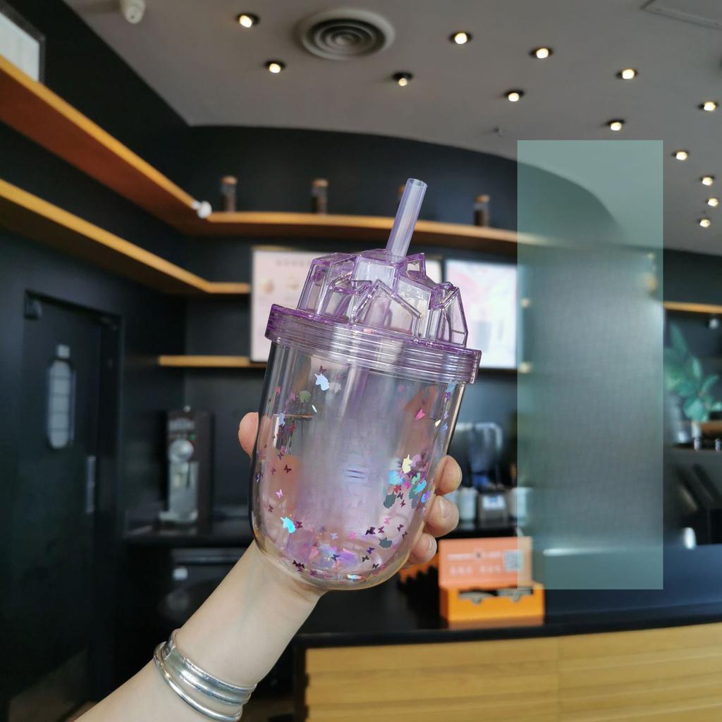 Korean Version of The Large-caliber Straw Milk Tea Cup Large-capacity Double-decker Student Couple Glitter AS Plastic Cups.