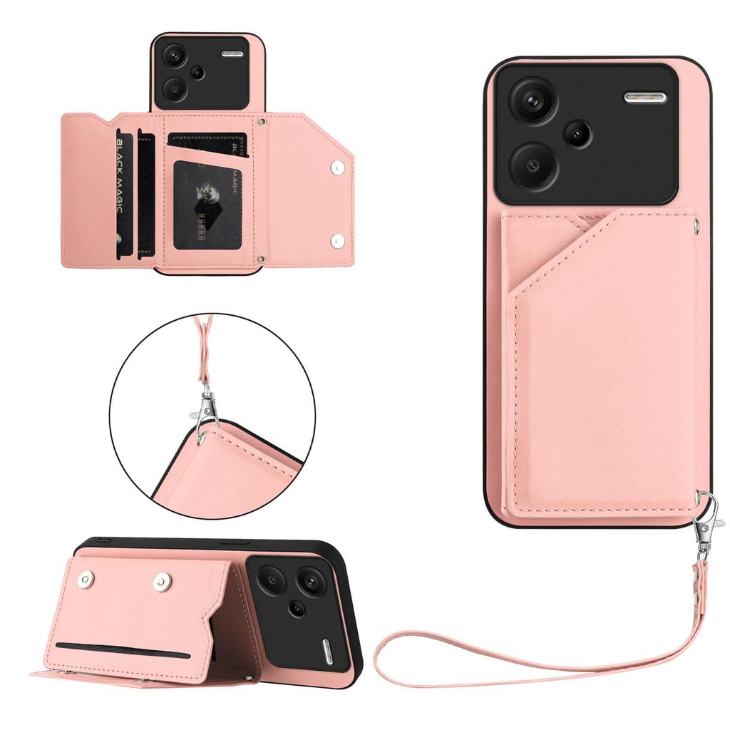 For Xiaomi Redmi Note 13 Pro+ 5G Case Card Holder Kickstand Skin-Touch Phone Cover with Wrist Strap