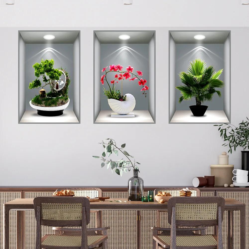 3D Effect Potted Triptych Posters Hallway Staircase Decorative Painting Hotel Restaurant Wall Plant Stickers
