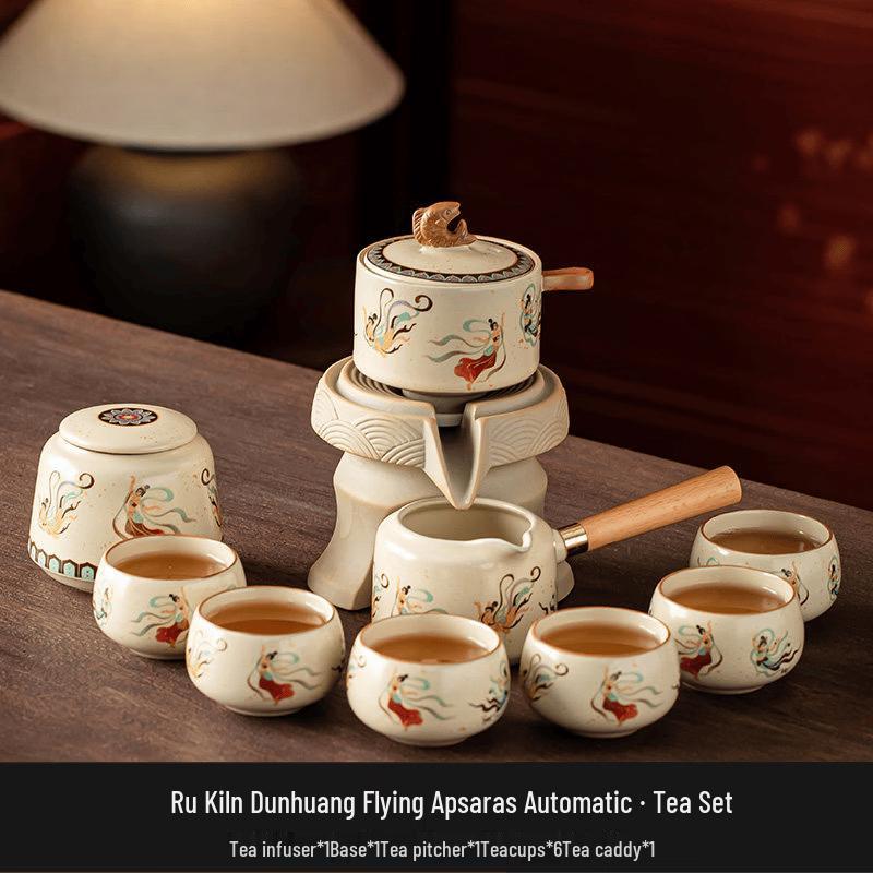 9-Piece Ru Kiln Dunhuang Flying Apsara Automatic Ceramic Tea Set
