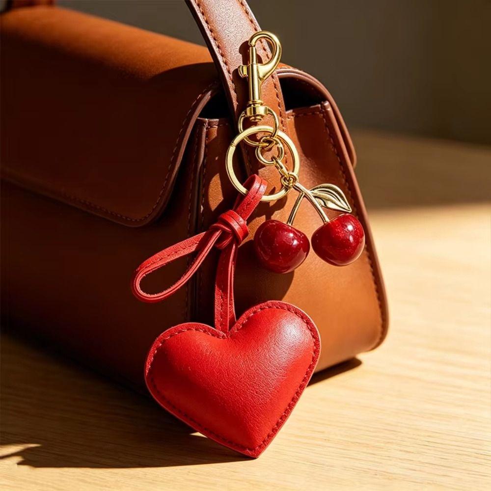 Resin Cherry Fruit Key Chain Hearth Design Leather Heart Pendant Bag Charm Bag Decoration