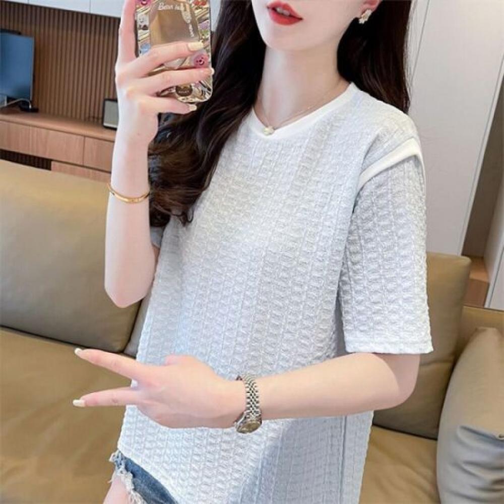 Navava Women Waffle TexTure Color Block Line ShorT Sleeve T shirT nT2579