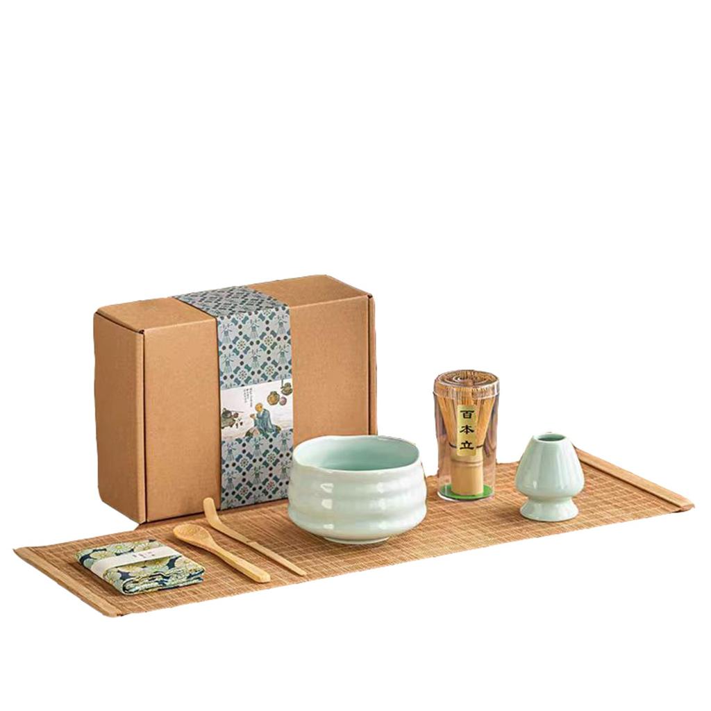 7-Piece Matcha Tea Ceremony Set, Japanese Tea Ceremony Utensils, Tea Bowl, 100-Standing Chasen, Chashaku (Tea Scoop), Matcha Powder, and Whisk (Green)