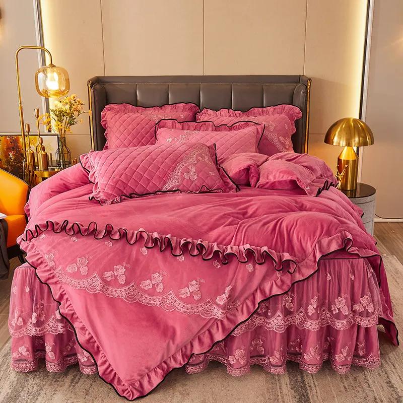AI WINSURE-French 4pcs Bedding Set, Velvet Duvet Cover, Lace Bedspread, Queen Double King Size, Luxury, Soft Thick, for Winter