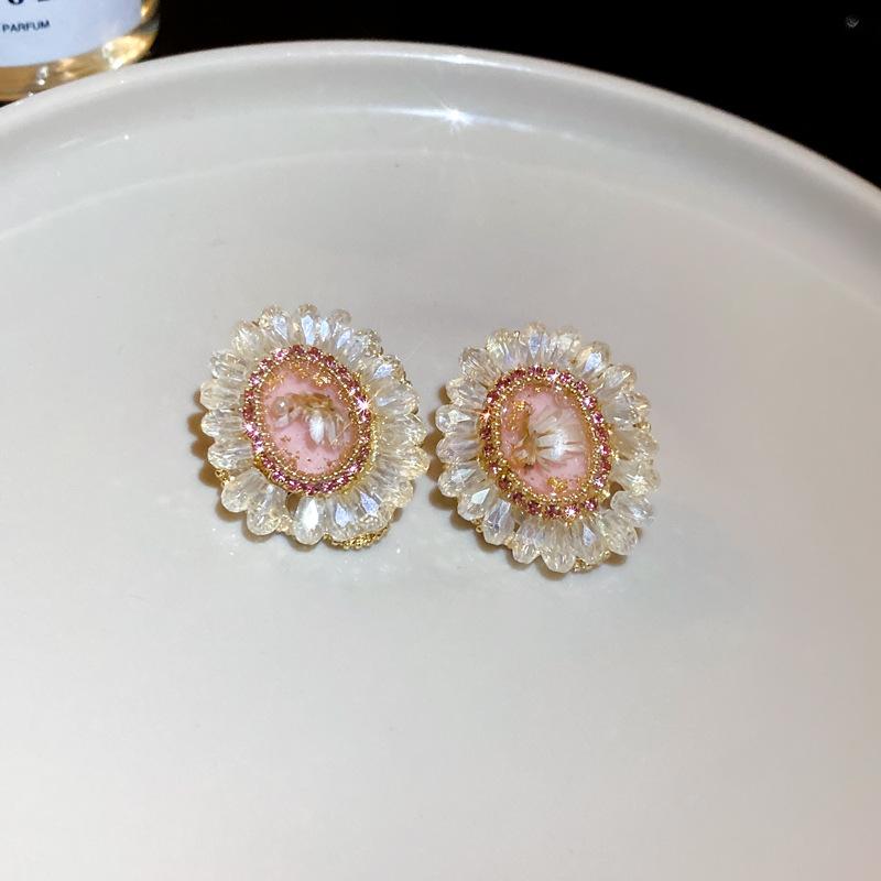 Silver Needle Flower Diamond Crystal Oval Earrings Fashion Temperament Earrings Light Luxury Niche Premium Earrings Wholesale Women