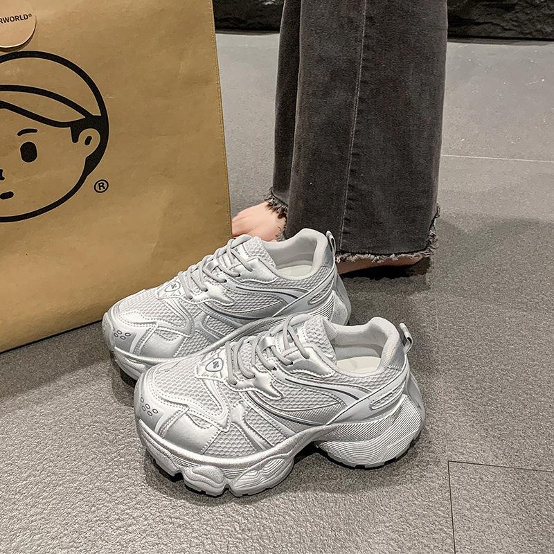 Thick-soled Heightening Dad Shoes Women's Spring New Casual Soft Leather Mesh Breathable Small Sneakers