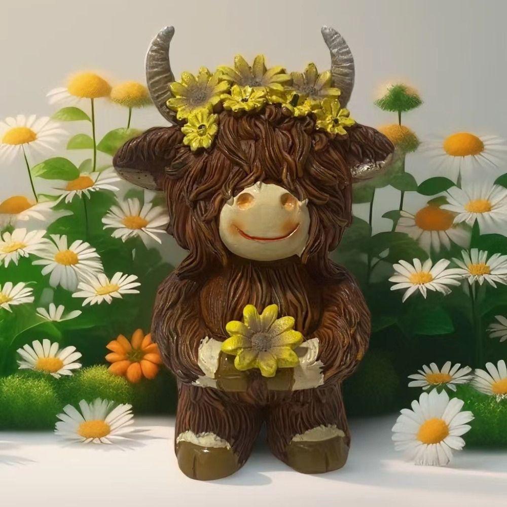 Resin Highland Cow Statue Cute Animal Sculpture Ornament Funny Cow Figurine  Desktop