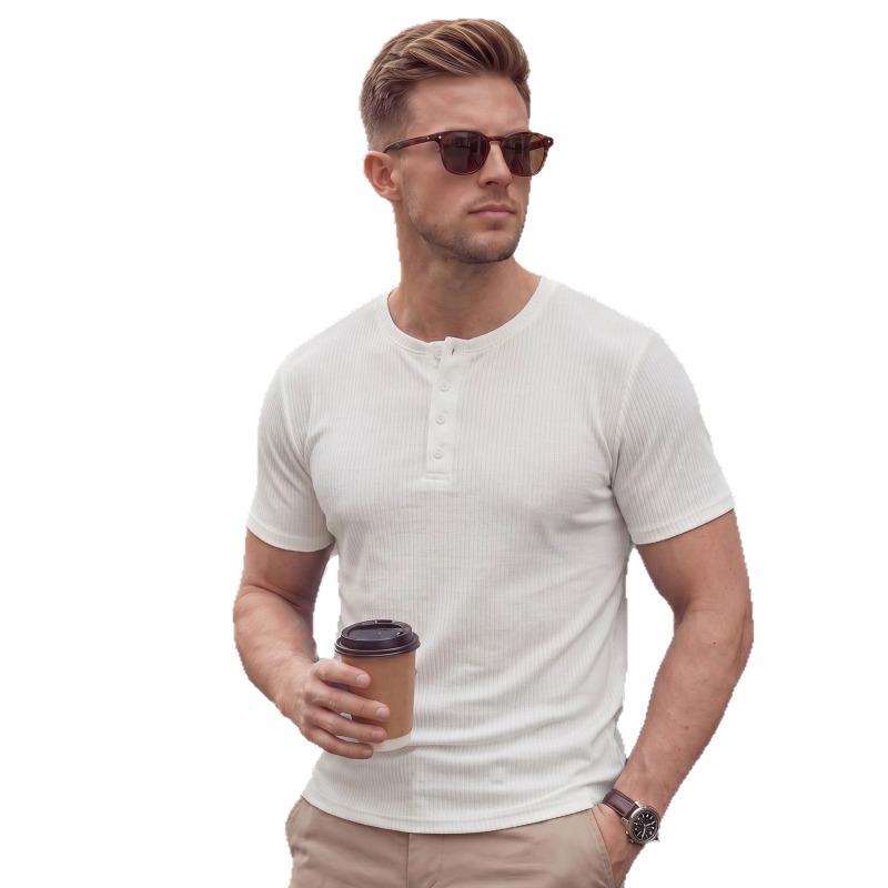 Mens Ribbed Knit Henley Neck Short Sleeve T Shirt S белый