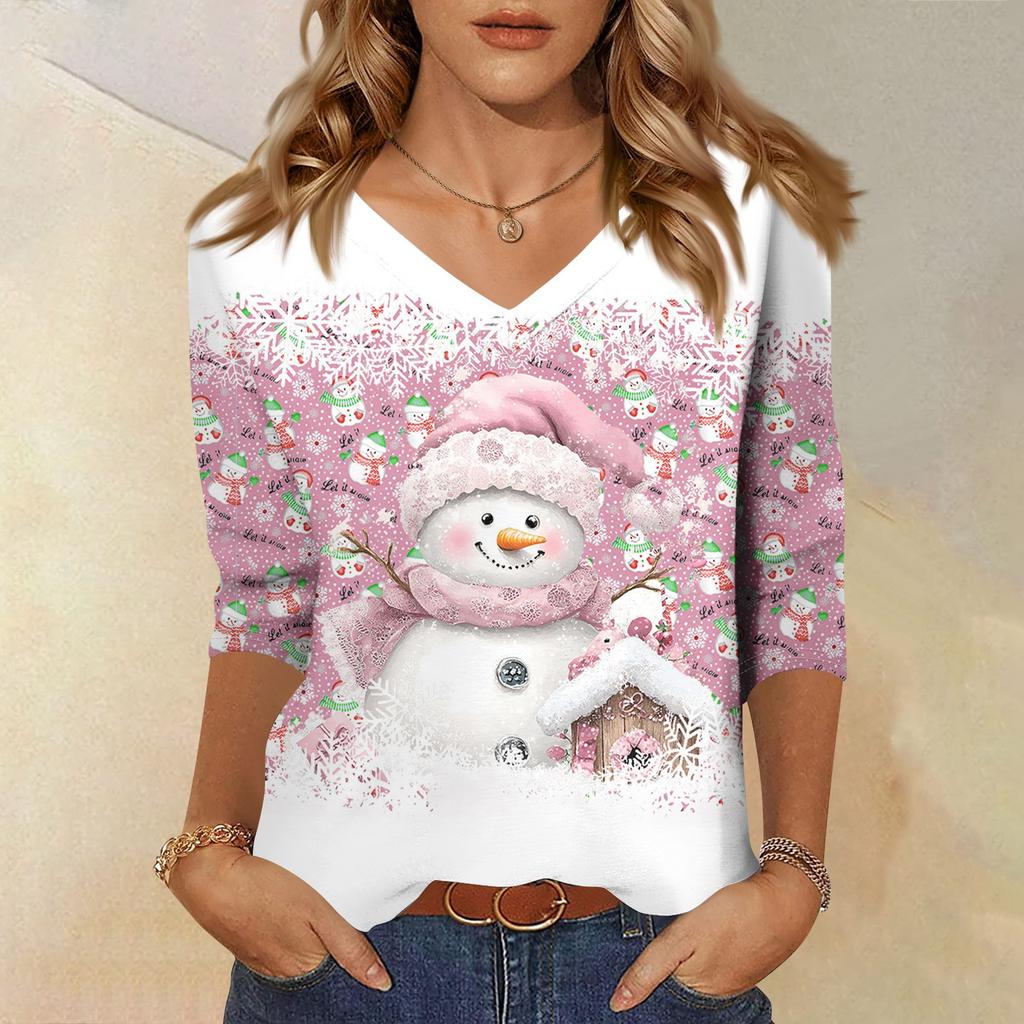 Women's Fashion Casual V Neck 3/4 Sleeve Loose  Printed T-Shirt Ladies Top