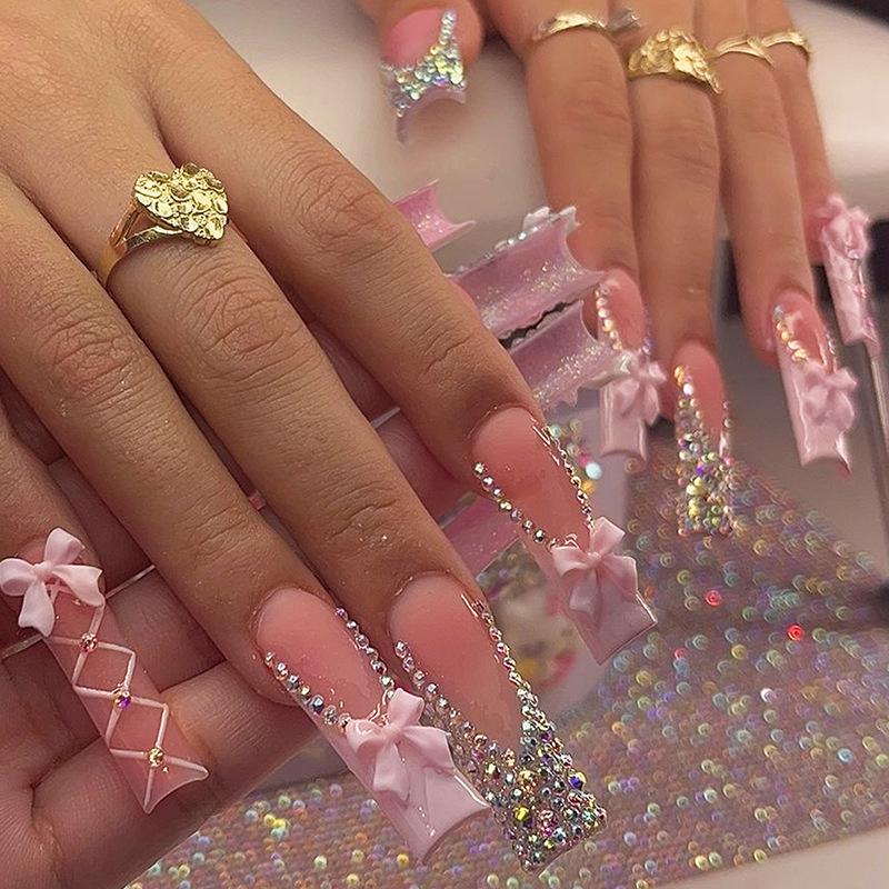 

European & American Style Bowknot Flash Diamond False Nails - 24 Long Wearable Pieces
