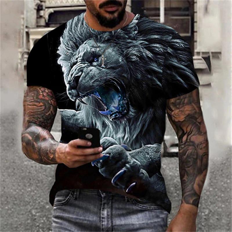 Summer Men's T-shirt with Lion Pattern 3D Digital Printing Round Neck Short Sleeved T-shirt Hip-hop Casual Shirt