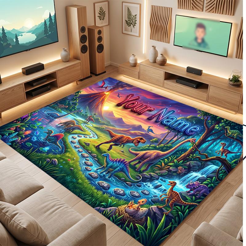 Dinosaur Theme Soft Crystal Velvet Rug Custom Name & Text Print Non Slip Floor Rug for Bedroom Living Room