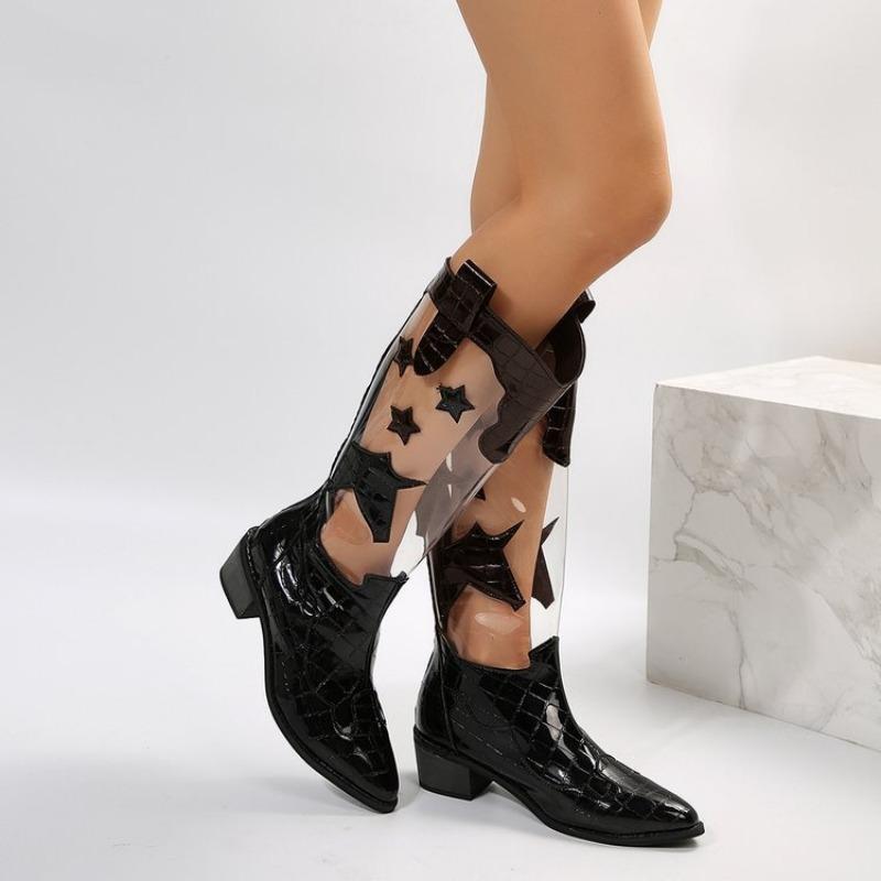 Autumn and Winter New High Boots Women's Large Size Transparent Pentagram Low Square Heel Fashion Women's Boots