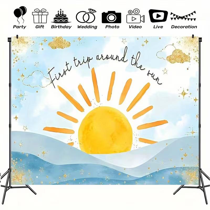 2D Boho Sun Tapestry Blue Gold Clouds Watercolor Kids First Birthday Nursery Wall Hanging 47.2x31.5inch/120*80cm