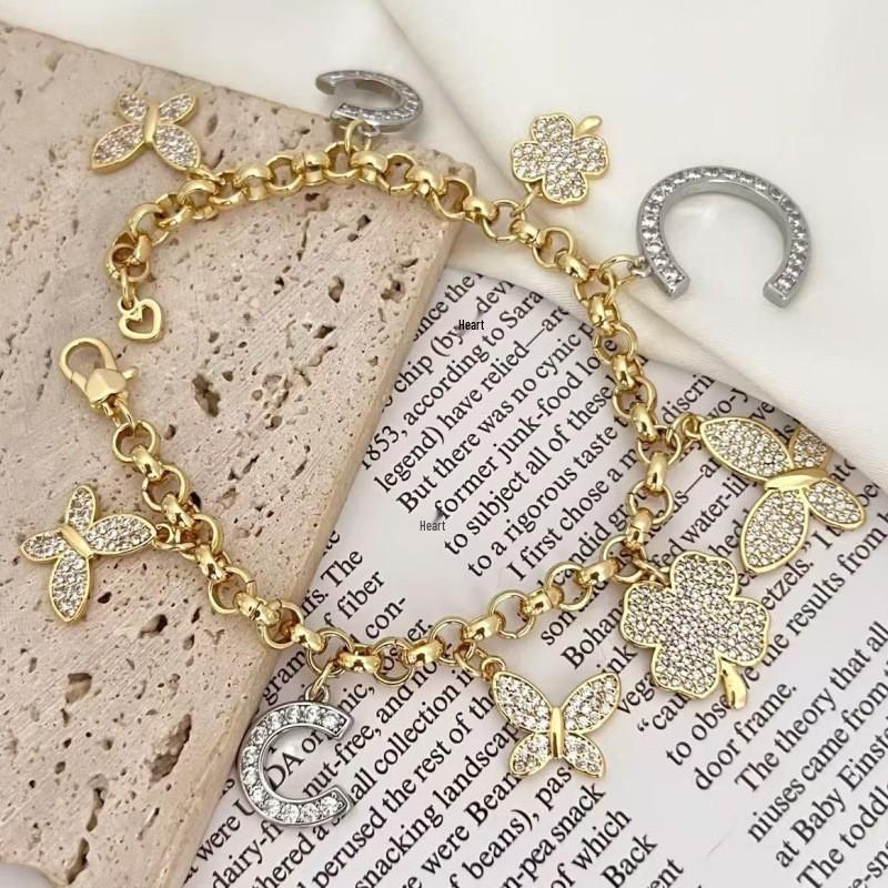 18k Gold Plated Diamond Butterfly Clover Pendant Bracelet