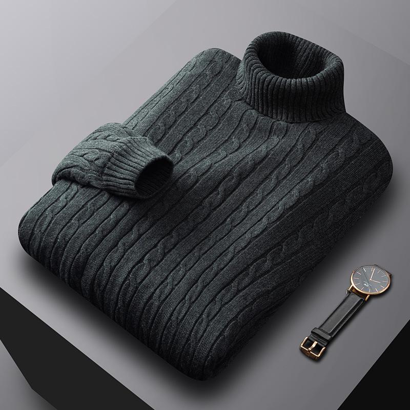 Men's Luxury All-Cotton Knitted Pullover - Thick, Solid Color, Velvet-Lined Cable Knit for Autumn and Winter