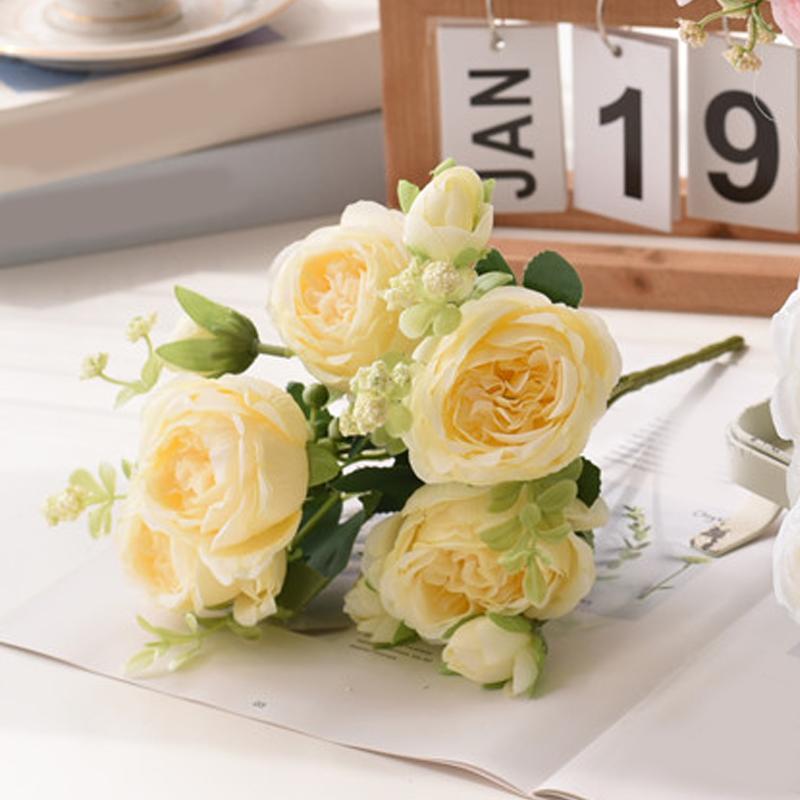 30cm Rose Pink Silk Bouquet Peony Artificial Flower 5 Big Head 4 Small Bud Bride Wedding Home Decoration Artificial Flower