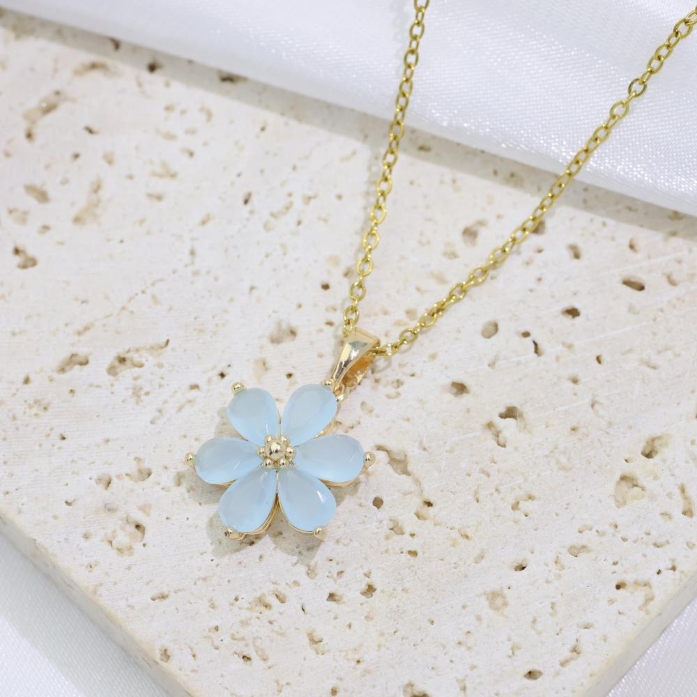 Women Cute Pink Flowers Pendant Stainless Steel Necklace