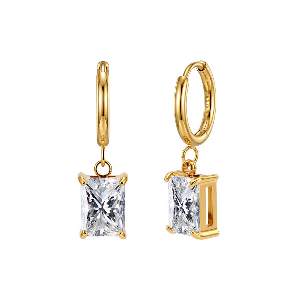 HTKE09 316L Stainless Steel Rectangle Cubic Zirconia Dangle Huggie Earring Hypoallergenic Radiant Cut CZ Drop Earrings for Women