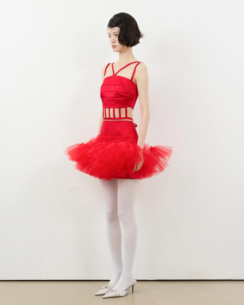 Leobyui Tulle Tiered Skirt Red