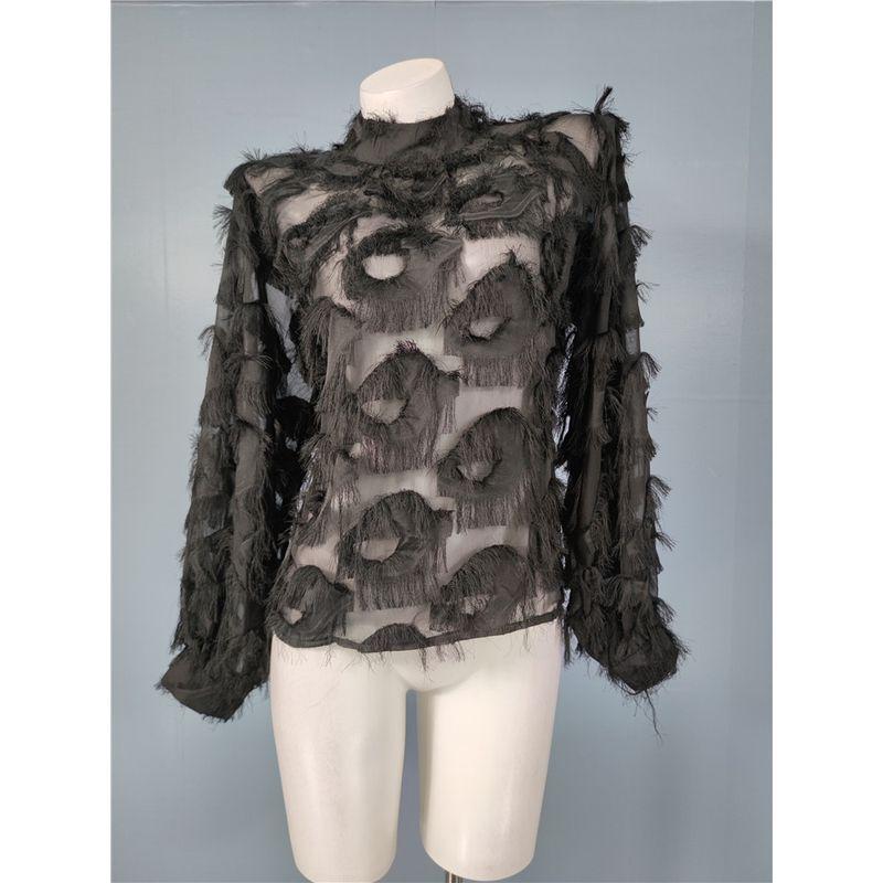 

Export Single CA Home Stand Collar Tassel Sexy See-through Lantern Long Sleeve Minimalist Black Easiest for Match Cool Top Shirt for Women Black S(36)