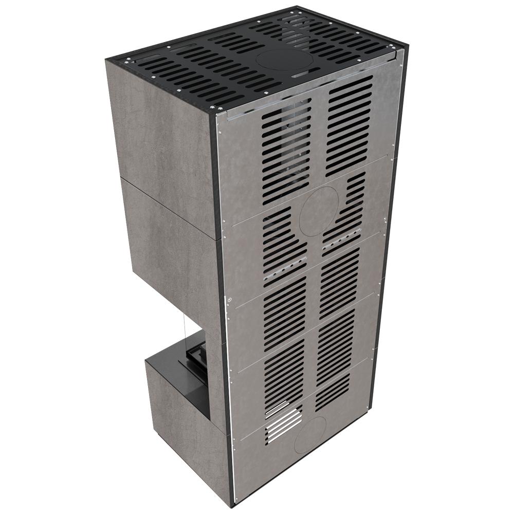 Modular fireplace KRATKI FLOKI BOX right 8 kW Ø 160 quartz sinter NATURALI PIETRA DI SAVOIA GRIGIA BOCCIARDATA