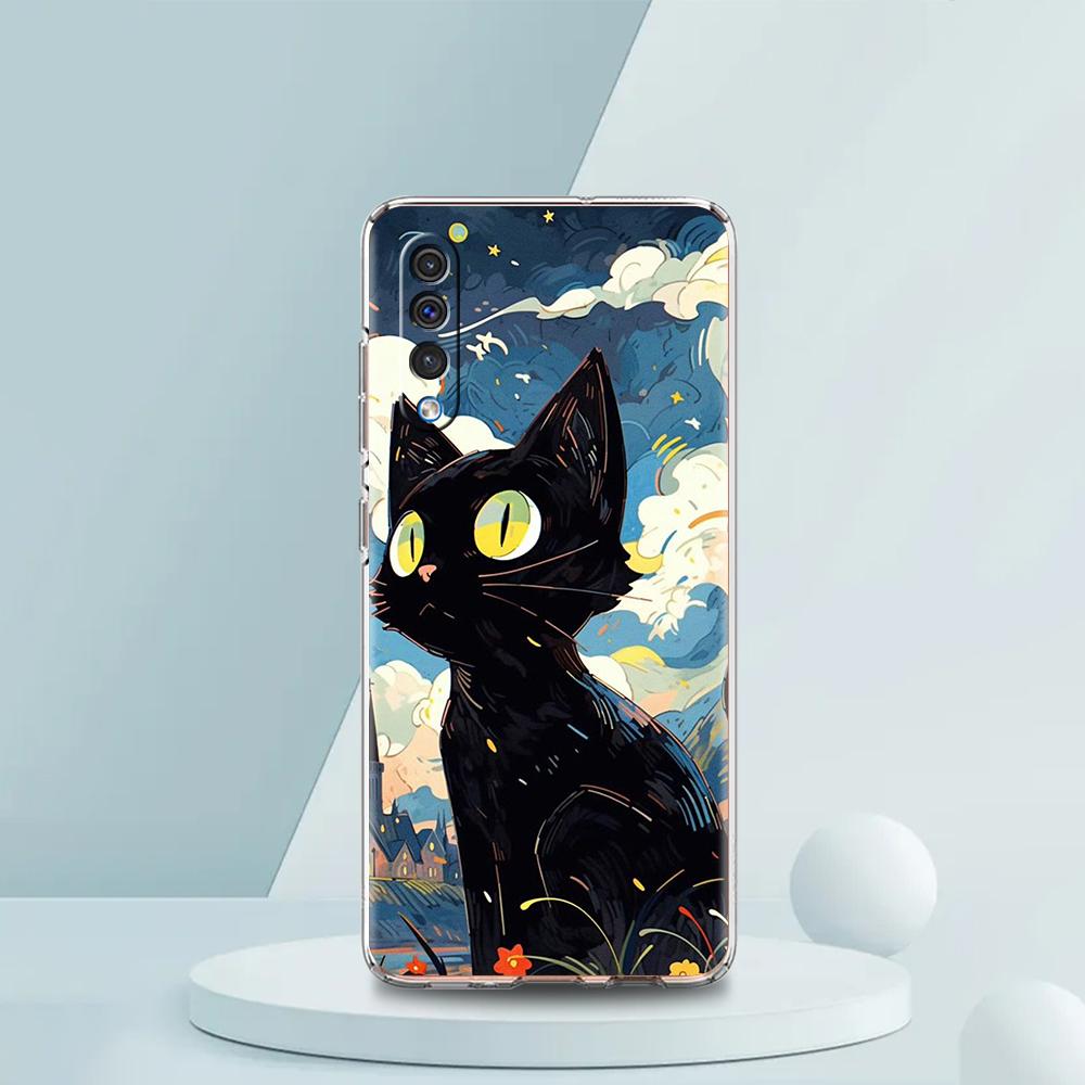 Artistic Black Cat Starry Night Case For Samsung A16 A14 A12 A22 A32 5G A34 A42 A52 A54 A50 A70 A30 A40 A20E A10S A02S A04S A06