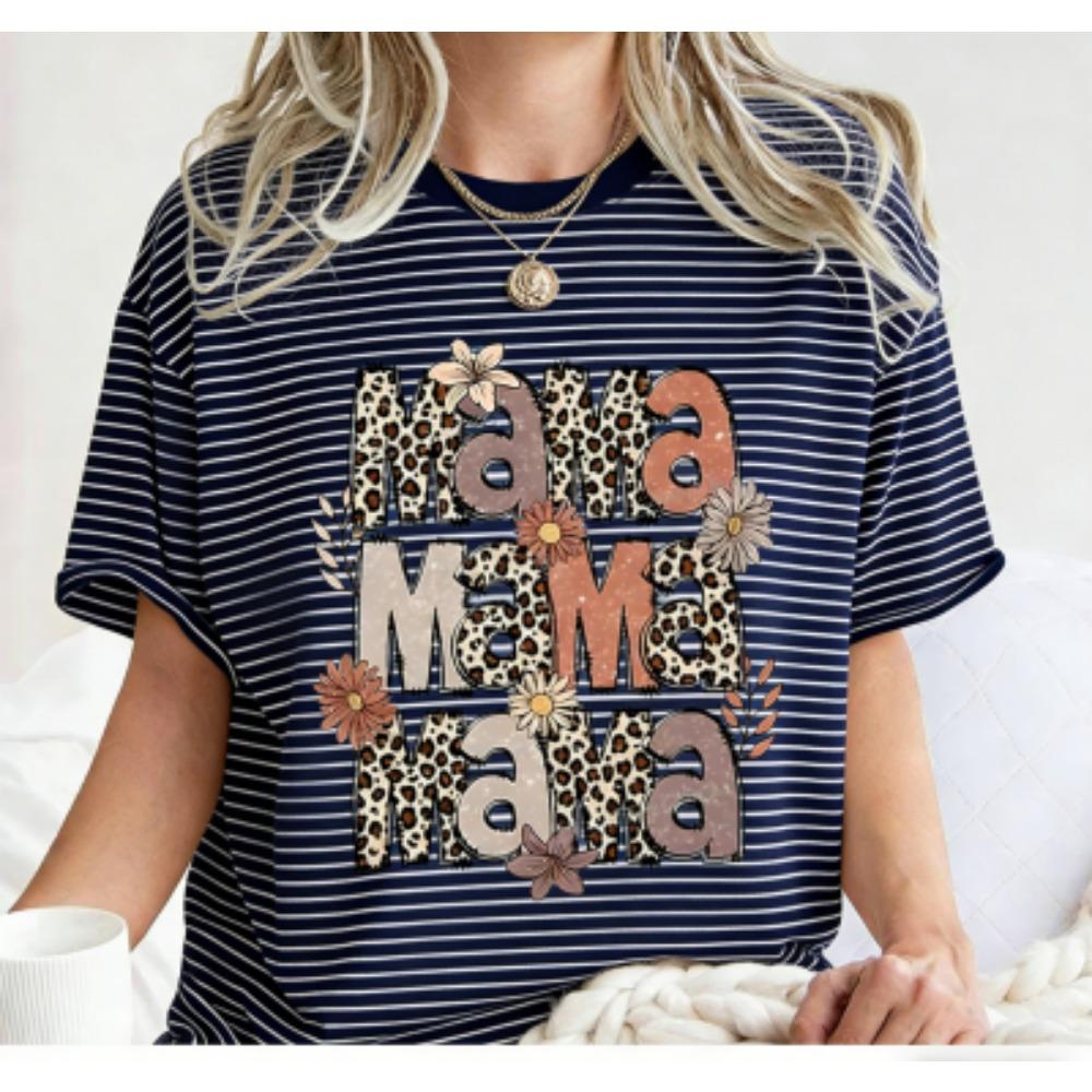 Fashion Funny Grid Leopard Mama Print Women's Short Sleeves T-Shirt Loose Casual Summer Outdoor Street Women's Tees Tops