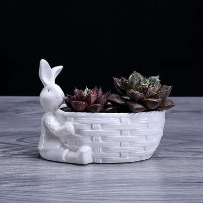 Porcelain Bunny Figurine Succulent Plant Pot Decorative Desktop Ceramics Rabbit Flower Planter Garden Ornament Craft Accessories