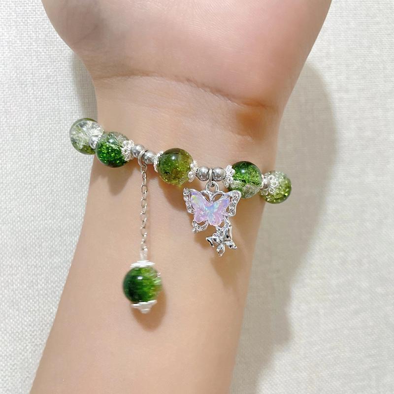 Brățară Exquisită cu Mărgele, cu Glazură Gradientă Crăpată ca Gheața cu Fluturi, Elastică, Dulce, Drăguță, Bijuterii