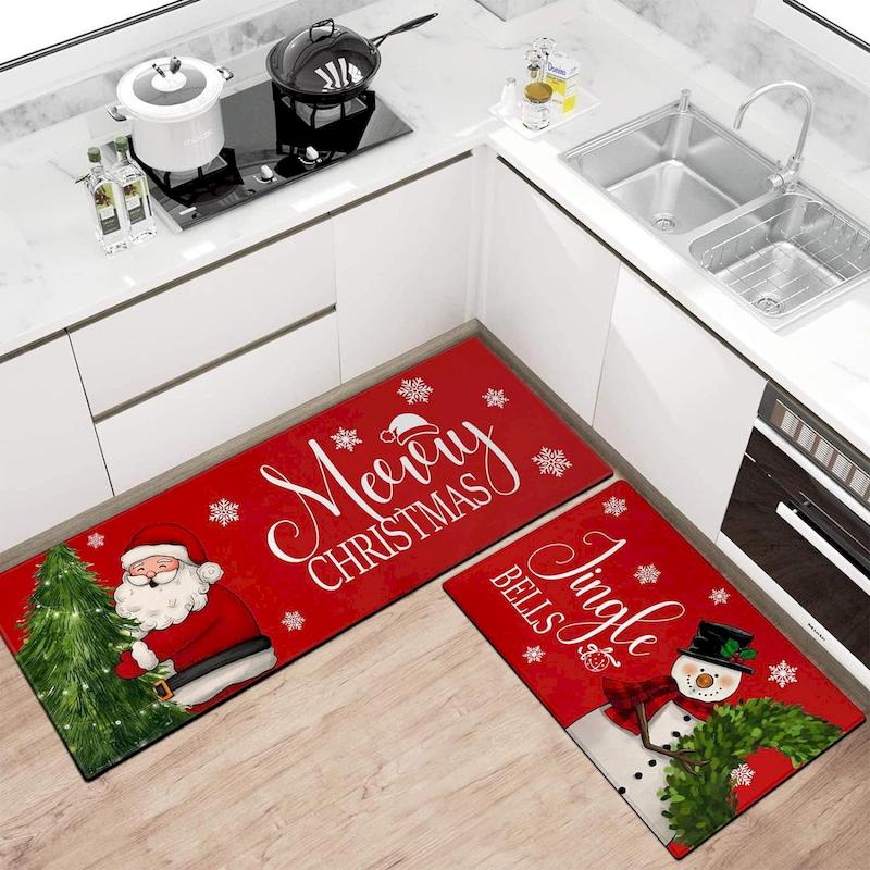 Red Christmas Anti Slip Kitchen Floor Mat, Absorbent Anti Fatigue Decorative Carpet, Indoor Home Decoration