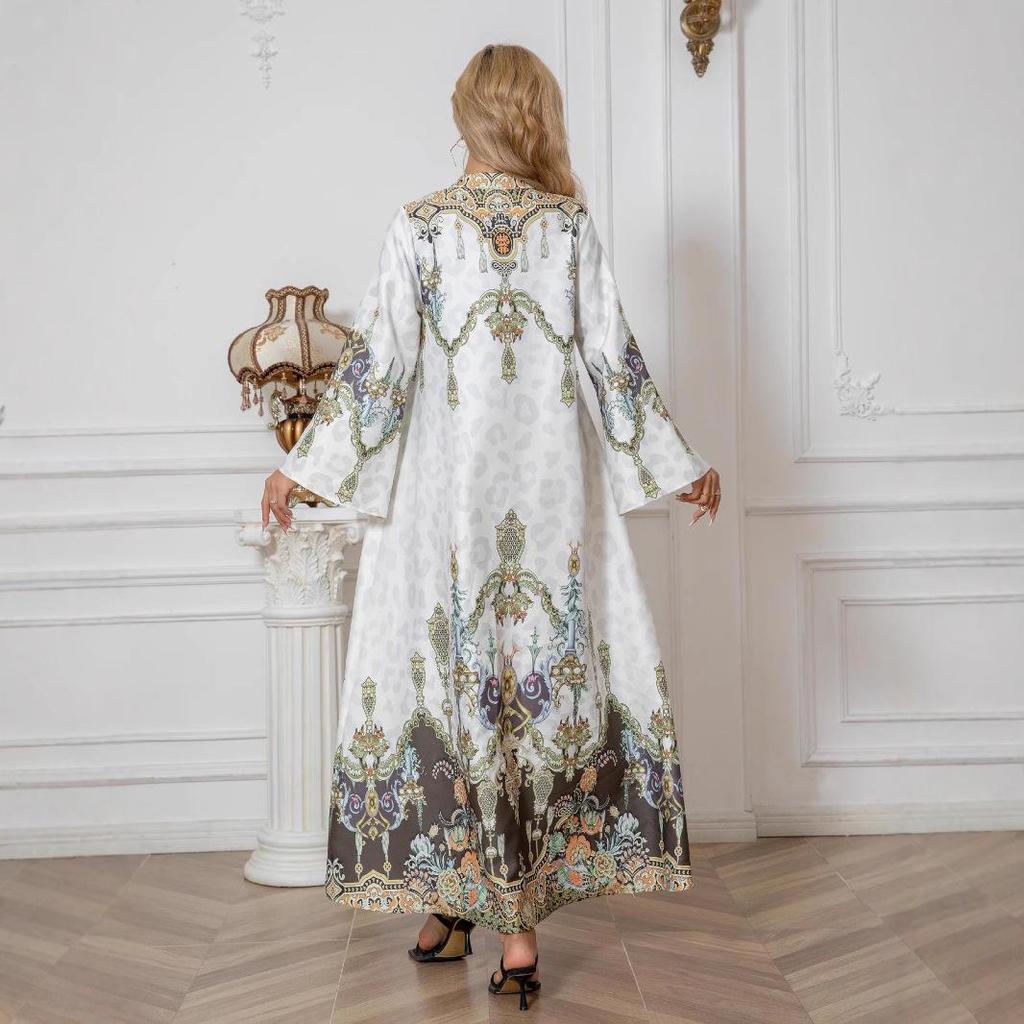 SW1003 Middle Eastern Cross-Border Muslim Women's Beaded Print Long Abaya Dress.