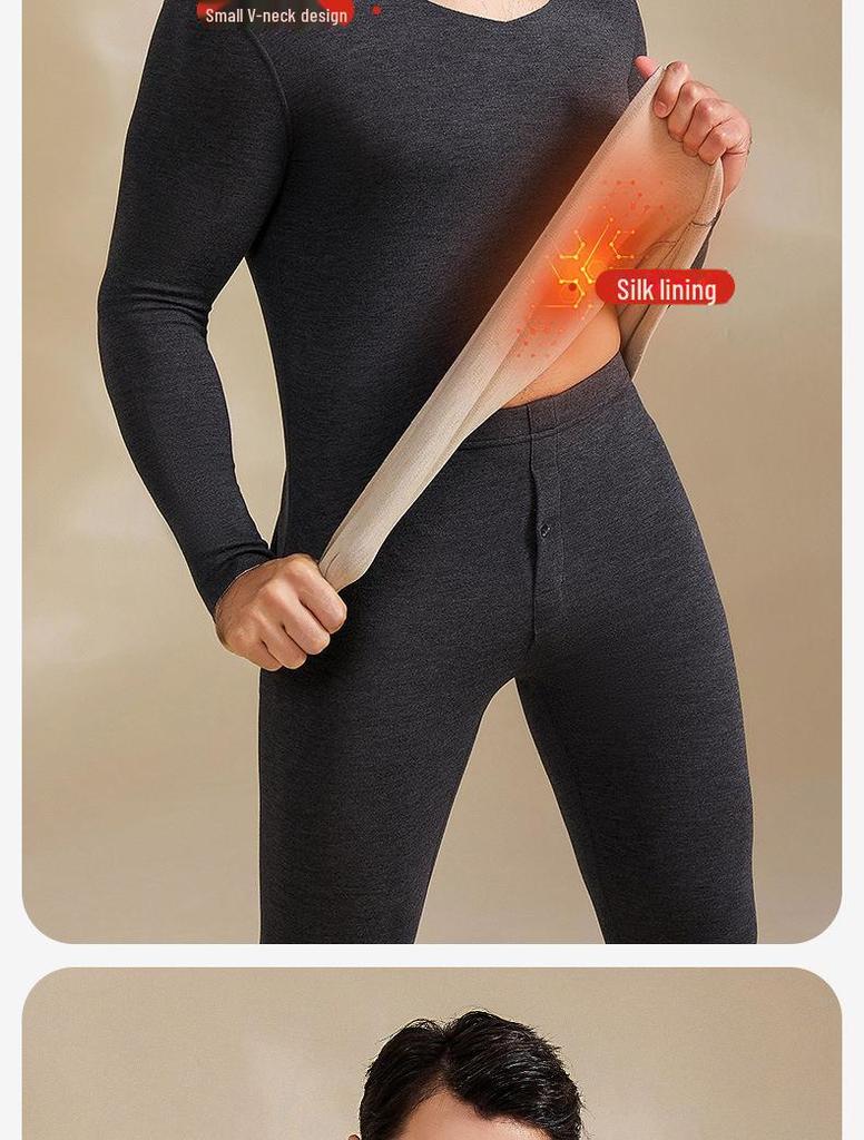 Men's V-Neck Cashmere Silk Velvet Thermal Underwear Set