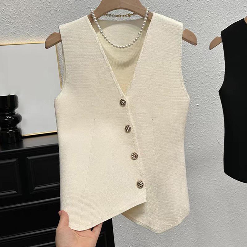 Summer French Retro Irregular Single-Breasted V-Neck Sleeveless Slim Knitted Vest For Women